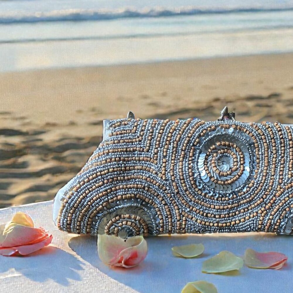 White House Black Market Vintage Wood Beaded Evening Bag + Silver Sequins. OS - Picture 5 of 7